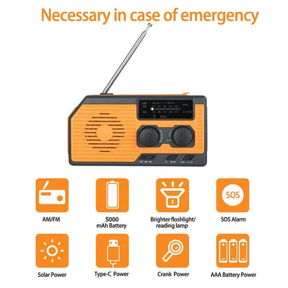 Emergency Radio with Solar Panel and Hand Crank, AM/FM/Weather Band, 5000mAh Power Bank