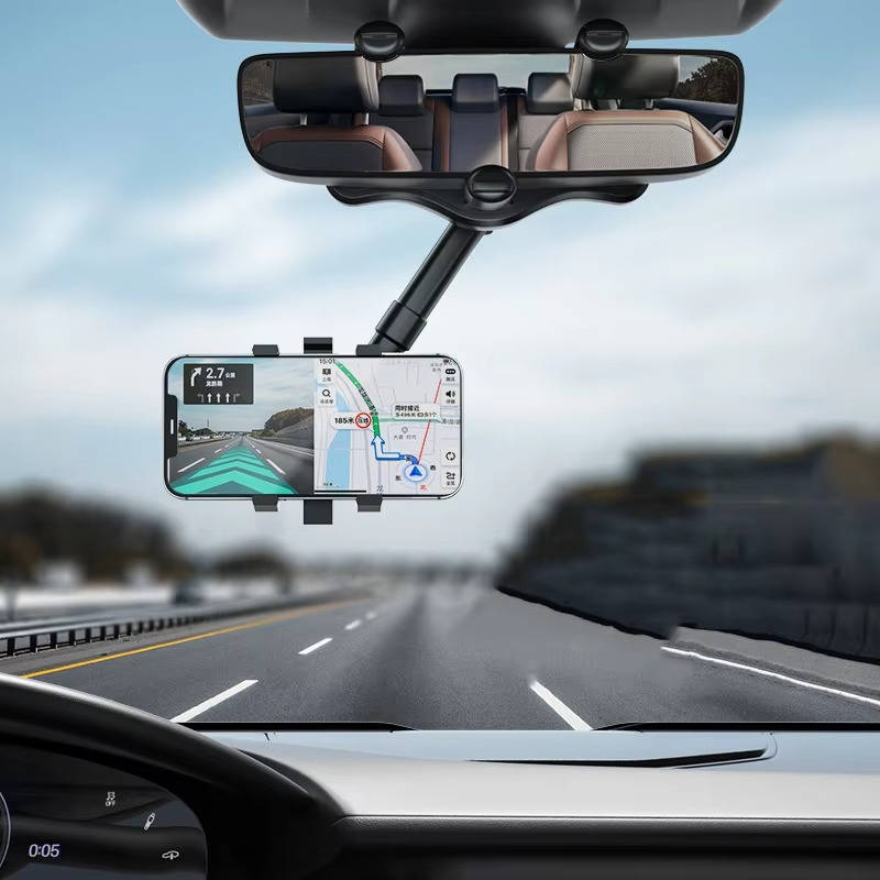 Rearview Mirror Phone Holder with 360 Rotation and Foldable Four-Claw Grip