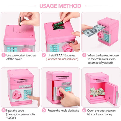 Electronic Piggy Bank with Automatic Bill Detection and Password Lock, Dual Language Audio