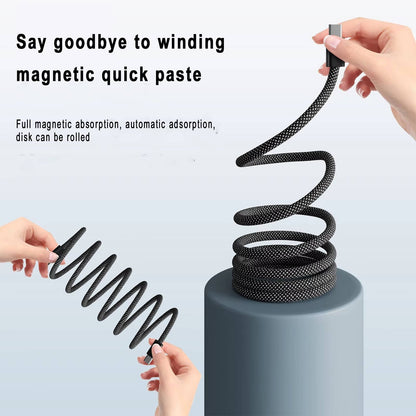 Self Coiling Magnetic Charging Cable with Braided Fabric and Dual Port Tips