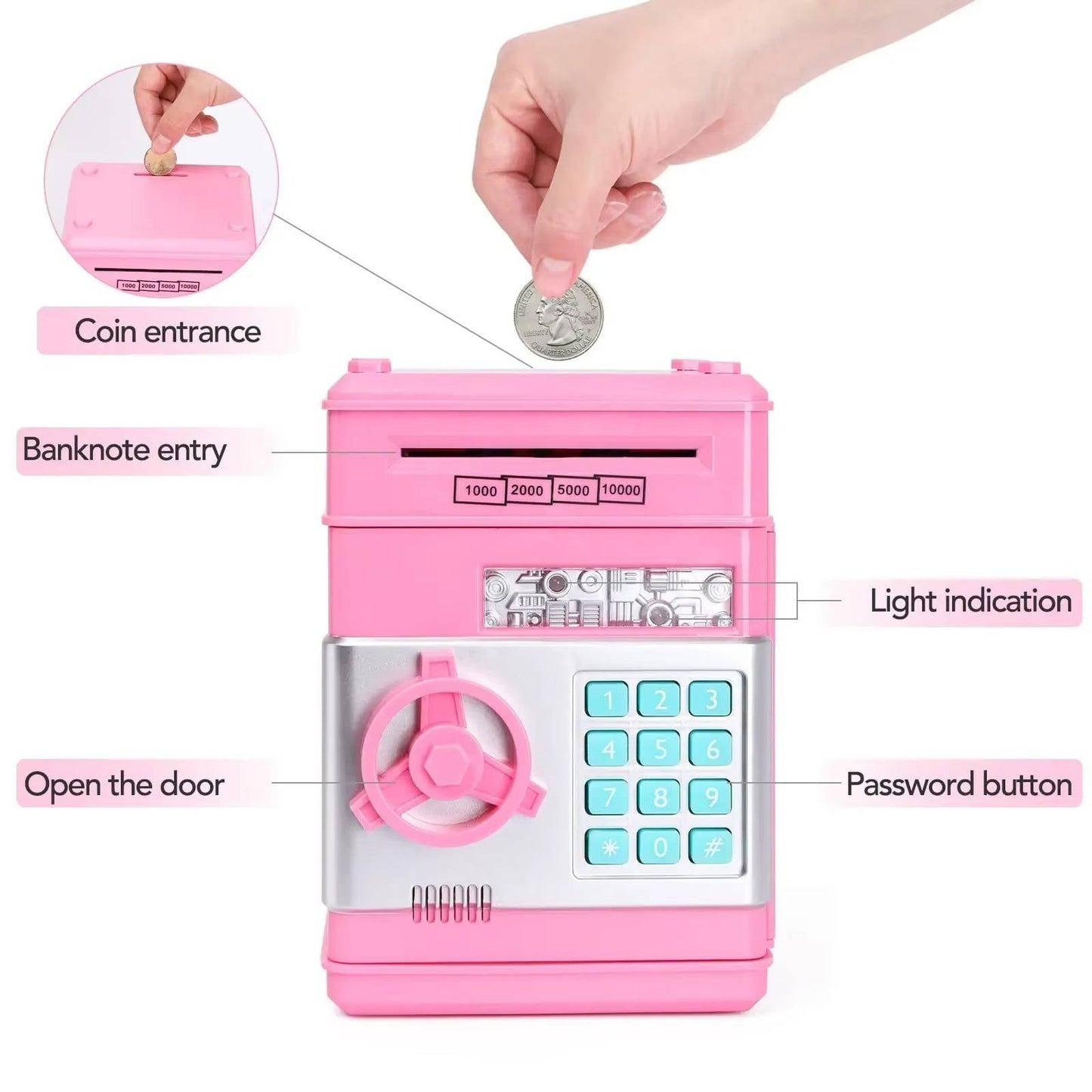 Electronic Piggy Bank with Automatic Bill Detection and Password Lock, Dual Language Audio