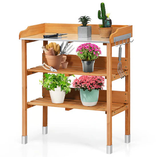 Garden Wooden Potting Bench Work Station with Hook, Sturdy & Spacious