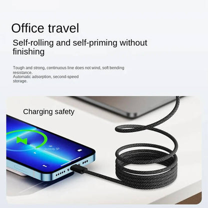 Self Coiling Magnetic Charging Cable with Braided Fabric and Dual Port Tips