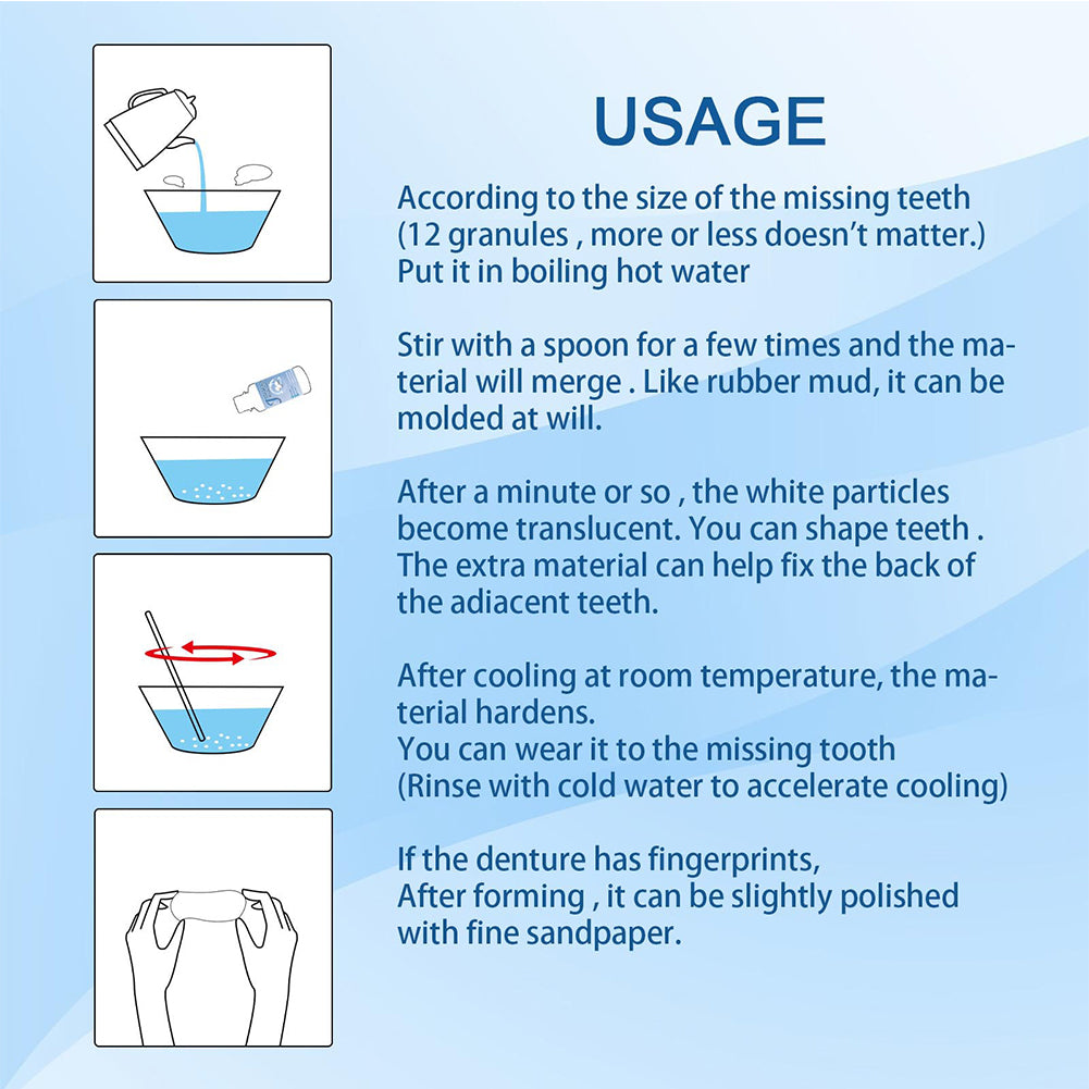 Moldable Polymer Tooth Replacement Kit with Boiling Water Activation and Sandpaper Finishing