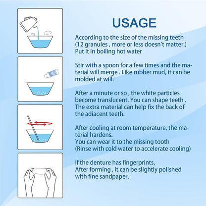 Moldable Polymer Tooth Replacement Kit with Boiling Water Activation and Sandpaper Finishing