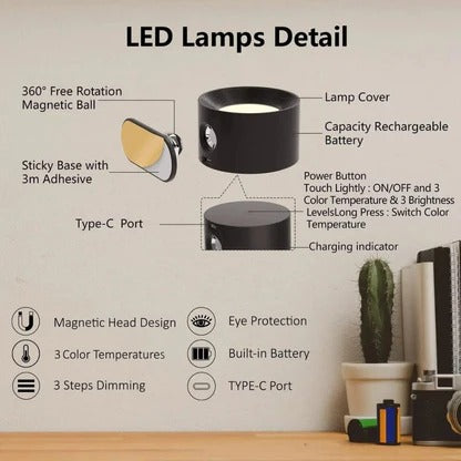 Rotating Wall Light with Adjustable Brightness and Color Temperature, Rechargeable