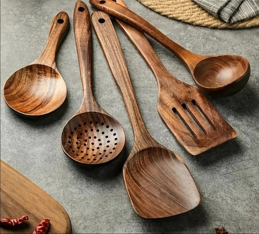 Teak Wood Cooking Utensil Set with Heat Resistant Handles and Nonstick Pan Protection