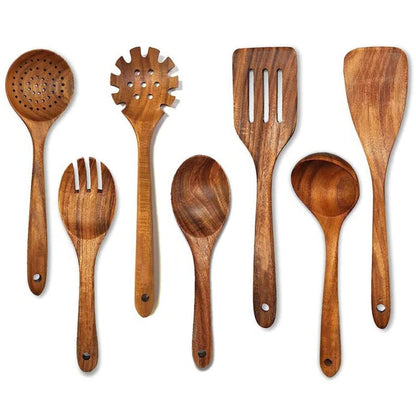 Teak Wood Cooking Utensil Set with Heat Resistant Handles and Nonstick Pan Protection