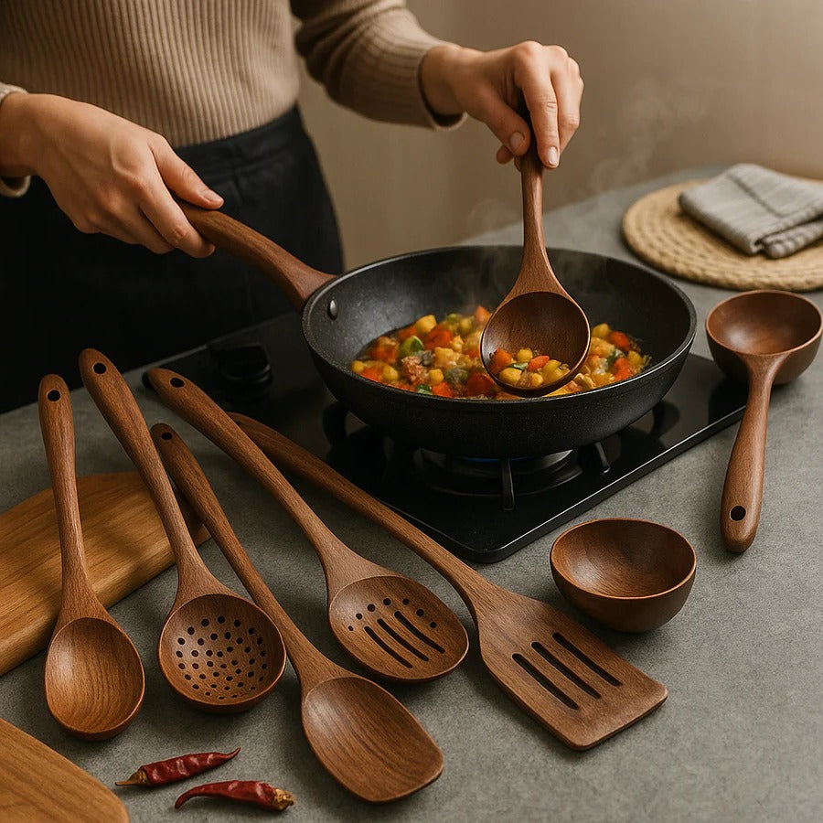 Teak Wood Cooking Utensil Set with Heat Resistant Handles and Nonstick Pan Protection