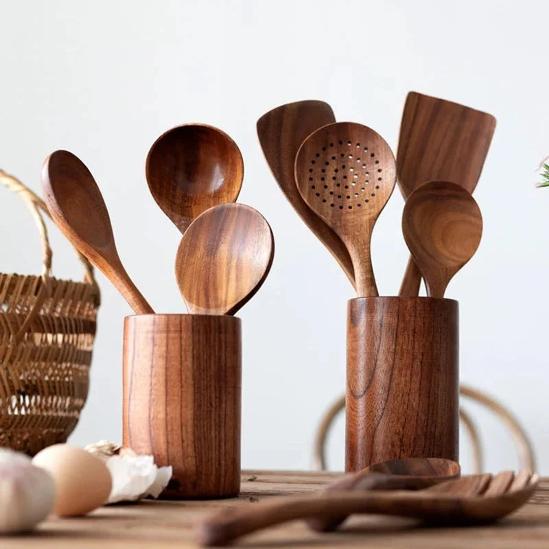 Teak Wood Cooking Utensil Set with Heat Resistant Handles and Nonstick Pan Protection