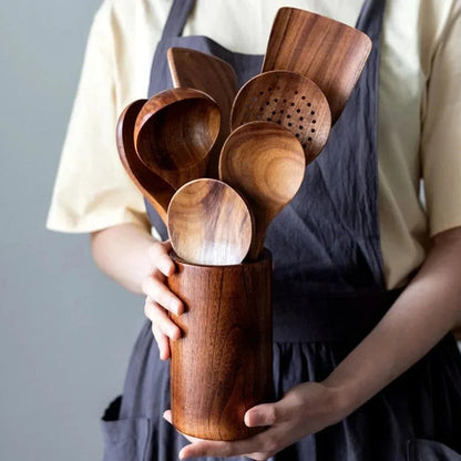 Teak Wood Cooking Utensil Set with Heat Resistant Handles and Nonstick Pan Protection
