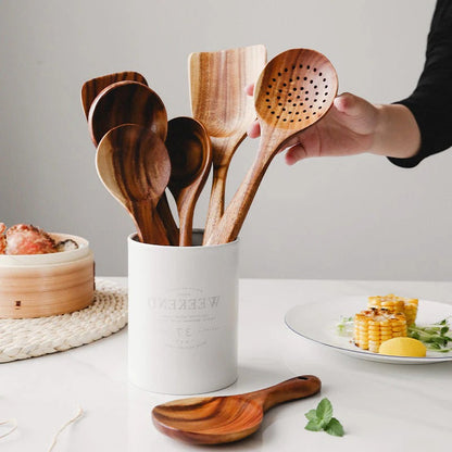Teak Wood Cooking Utensil Set with Heat Resistant Handles and Nonstick Pan Protection