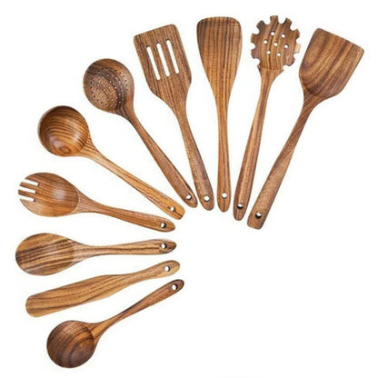 Teak Wood Cooking Utensil Set with Heat Resistant Handles and Nonstick Pan Protection