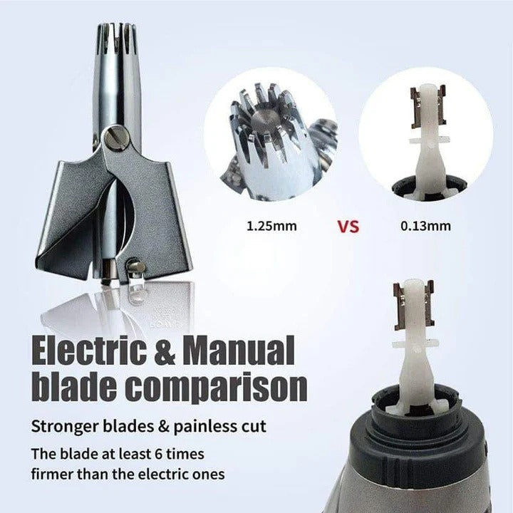 Manual Nose and Ear Hair Trimmer with Stainless Steel Blades and Ergonomic Grip