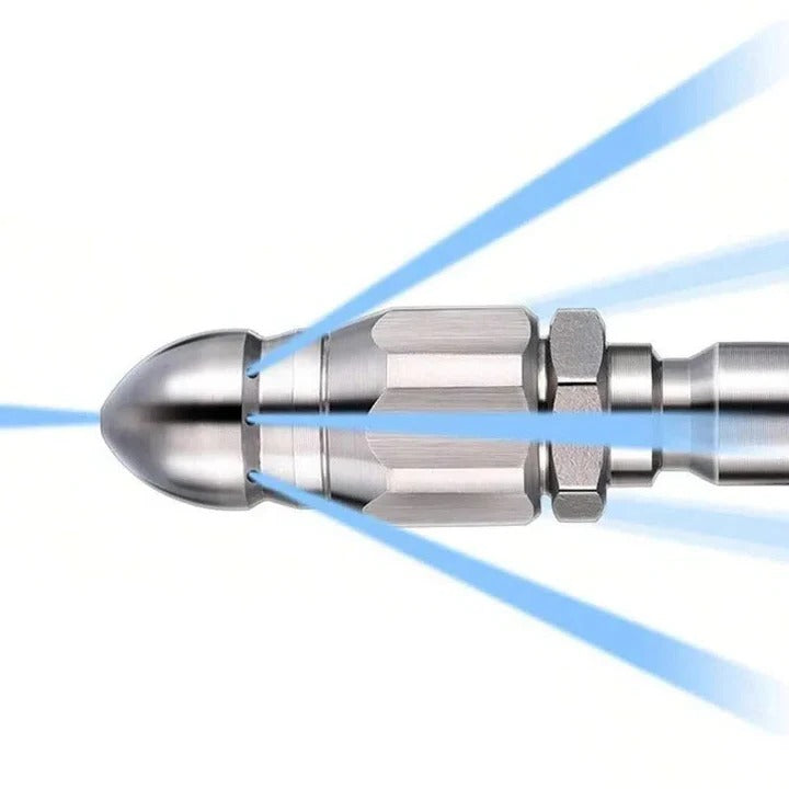 Pipe Cleaning Nozzle with Pointed Tip and Concentrated Water Jets for High Pressure Washers