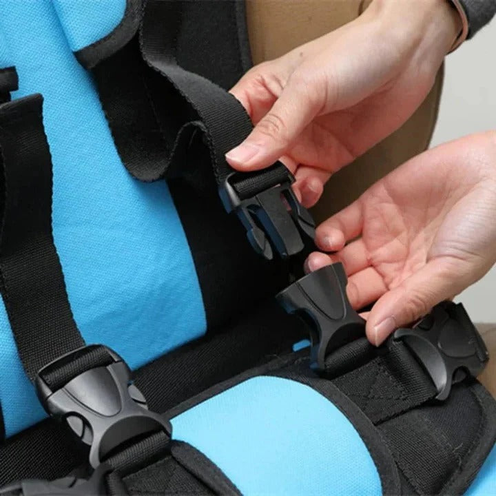 Portable Child Travel Seat with Five-Point Harness and Padded Comfort, Washable Fabric