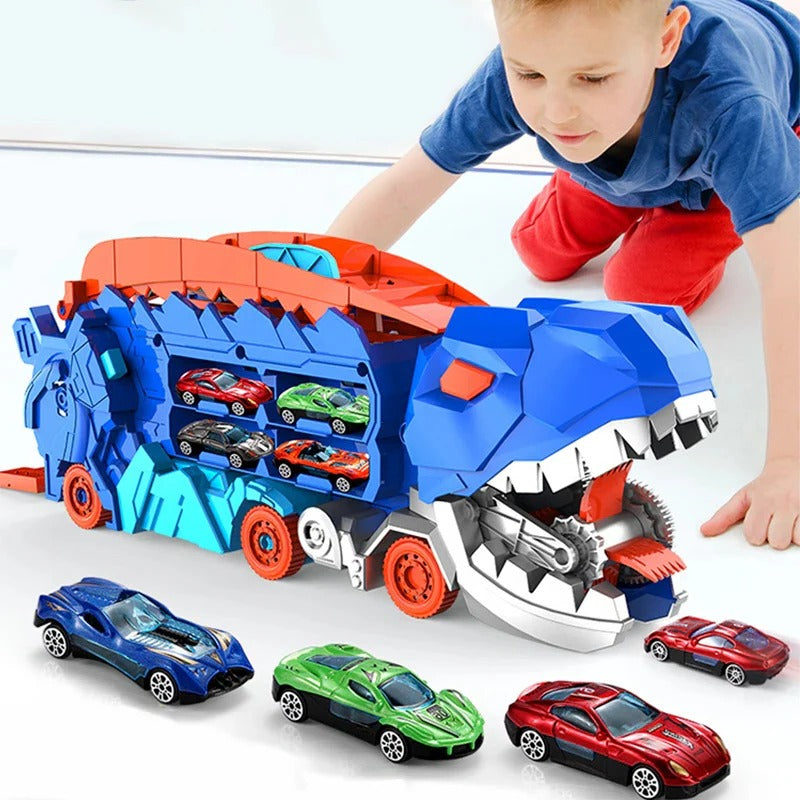 Transforming Dinosaur Truck with Dual Racing Tracks and Internal Car Storage