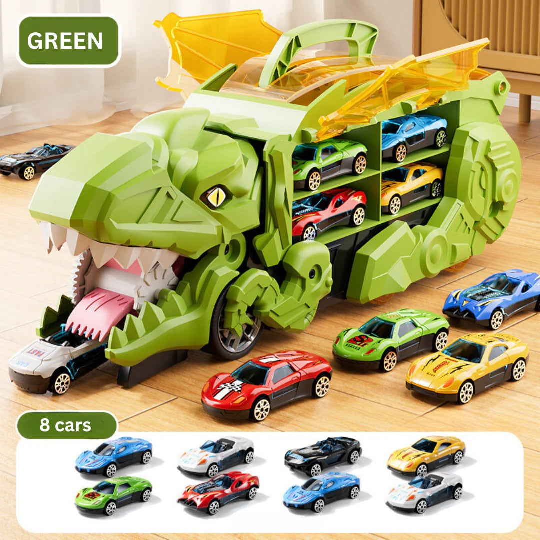 Transforming Dinosaur Truck with Dual Racing Tracks and Internal Car Storage