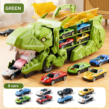 Transforming Dinosaur Truck with Dual Racing Tracks and Internal Car Storage
