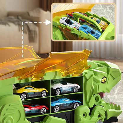 Transforming Dinosaur Truck with Dual Racing Tracks and Internal Car Storage