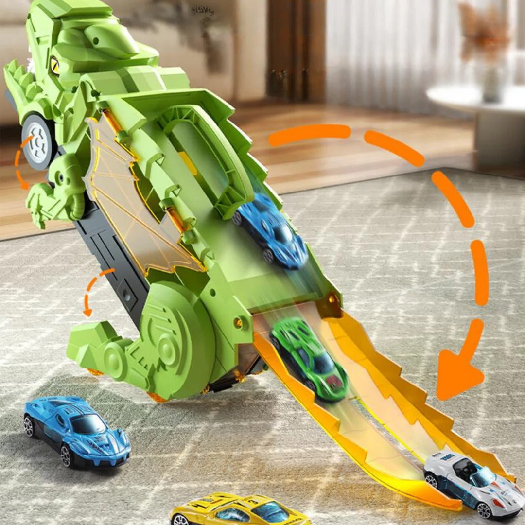 Transforming Dinosaur Truck with Dual Racing Tracks and Internal Car Storage