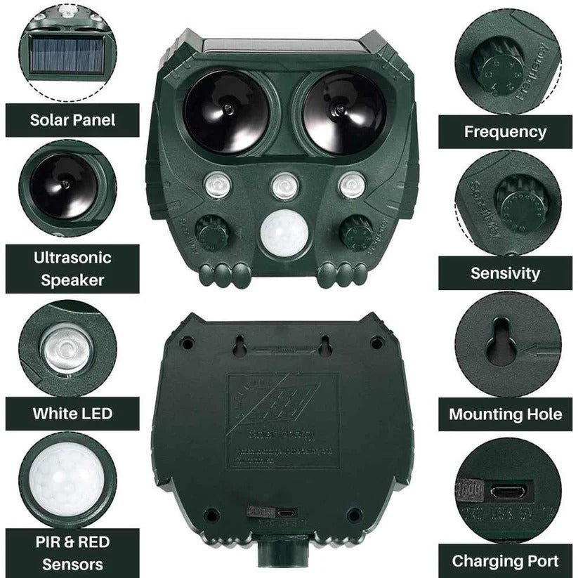 Motion Activated Solar Animal Repellent with Ultrasonic Sound and Flashing Lights