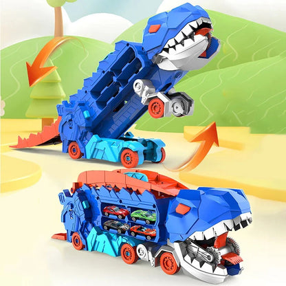 Transforming Dinosaur Truck with Dual Racing Tracks and Internal Car Storage