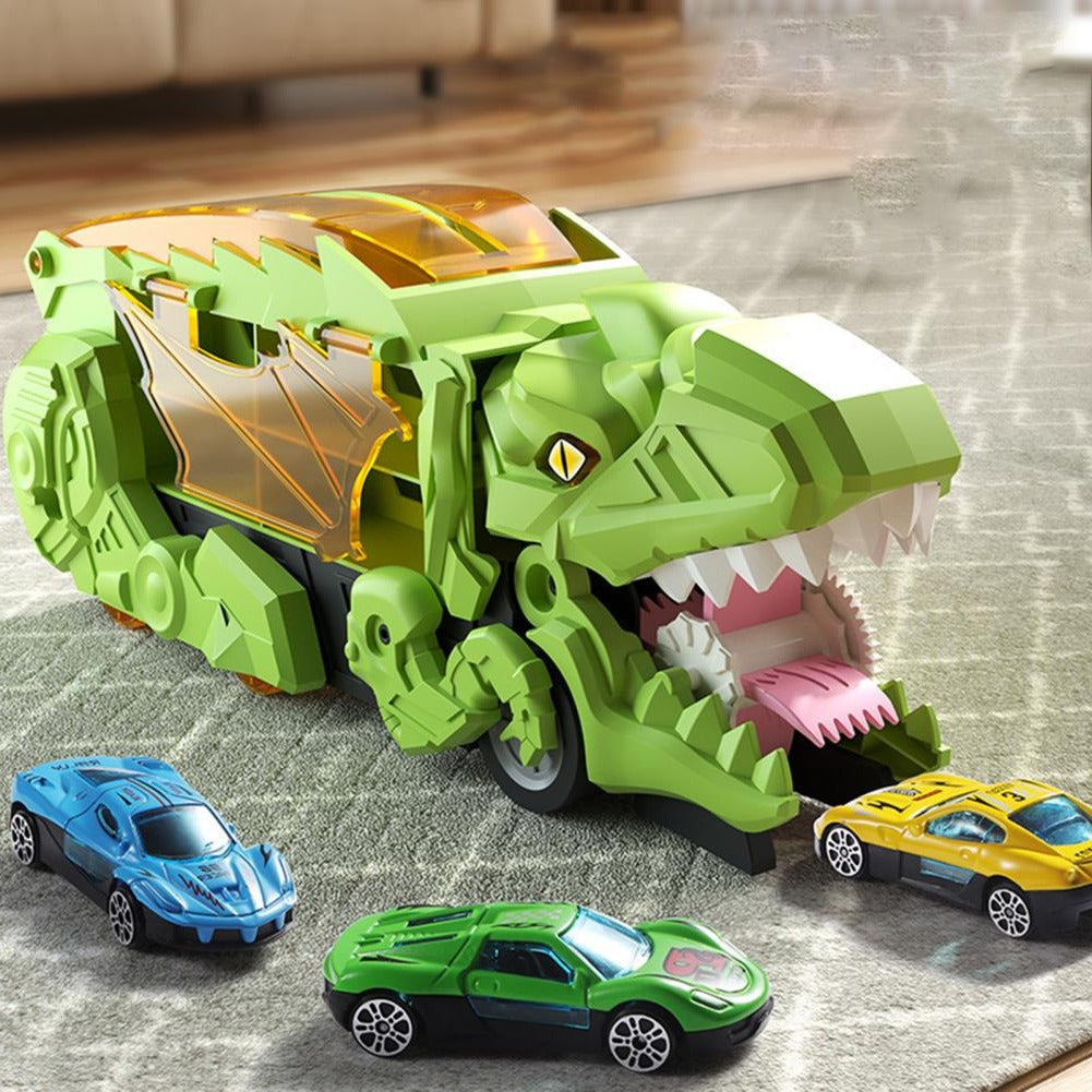 Transforming Dinosaur Truck with Dual Racing Tracks and Internal Car Storage