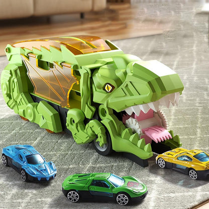 Transforming Dinosaur Truck with Dual Racing Tracks and Internal Car Storage