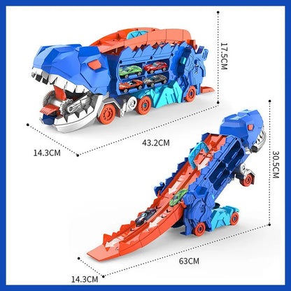 Transforming Dinosaur Truck with Dual Racing Tracks and Internal Car Storage