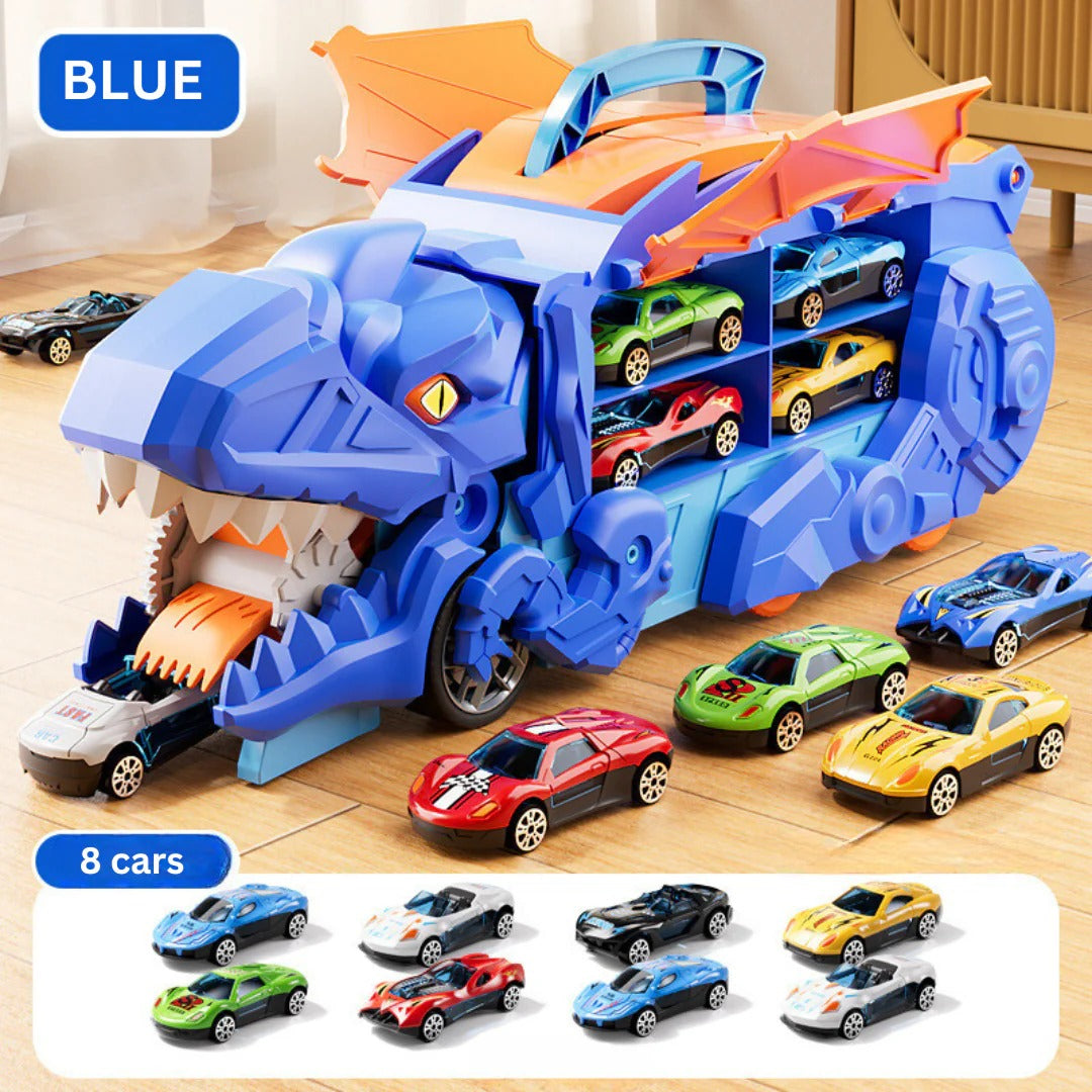 Transforming Dinosaur Truck with Dual Racing Tracks and Internal Car Storage