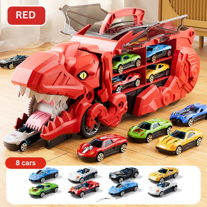 Transforming Dinosaur Truck with Dual Racing Tracks and Internal Car Storage