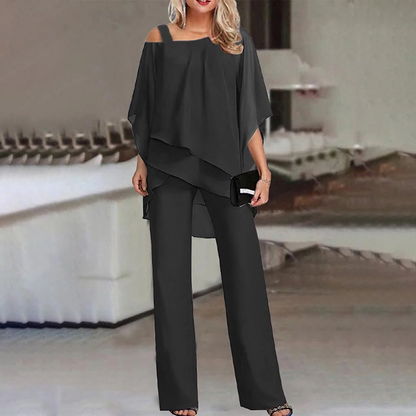 Women's Cold Shoulder Two-Piece Suit with Long Trousers and Stretch Fabric