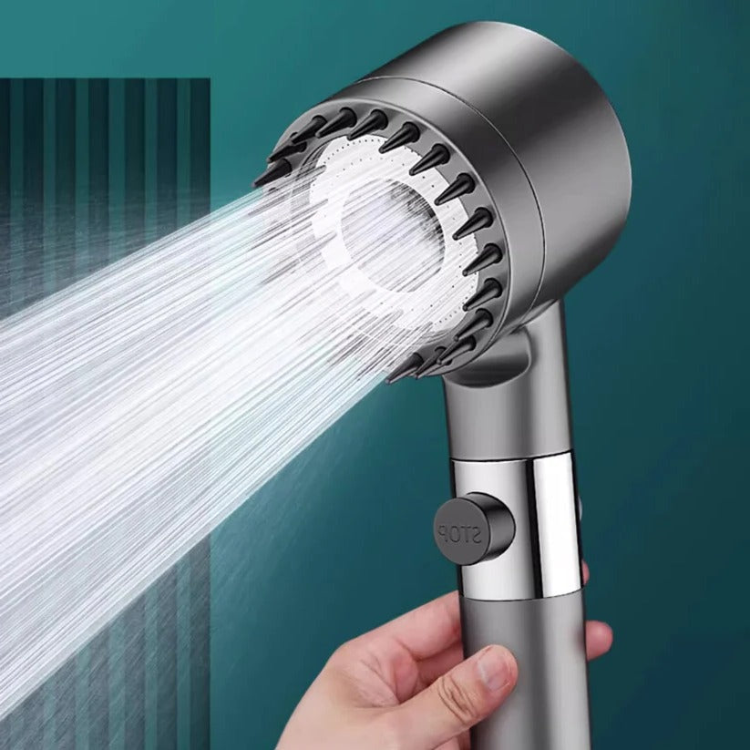 Filtered Showerhead with Pressure Boost and Flow Control Button