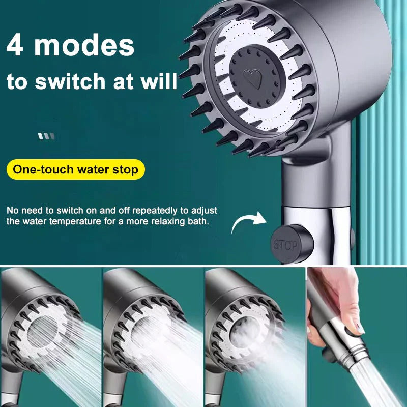 Filtered Showerhead with Pressure Boost and Flow Control Button