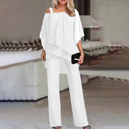 Women's Cold Shoulder Two-Piece Suit with Long Trousers and Stretch Fabric