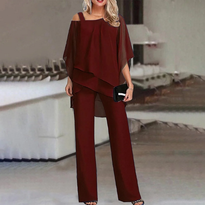 Women's Cold Shoulder Two-Piece Suit with Long Trousers and Stretch Fabric
