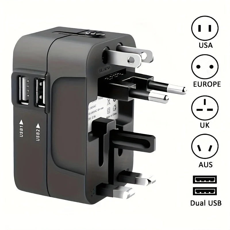 Universal Travel Adapter with Dual USB Ports and Auto Voltage Switching for 150+ Countries