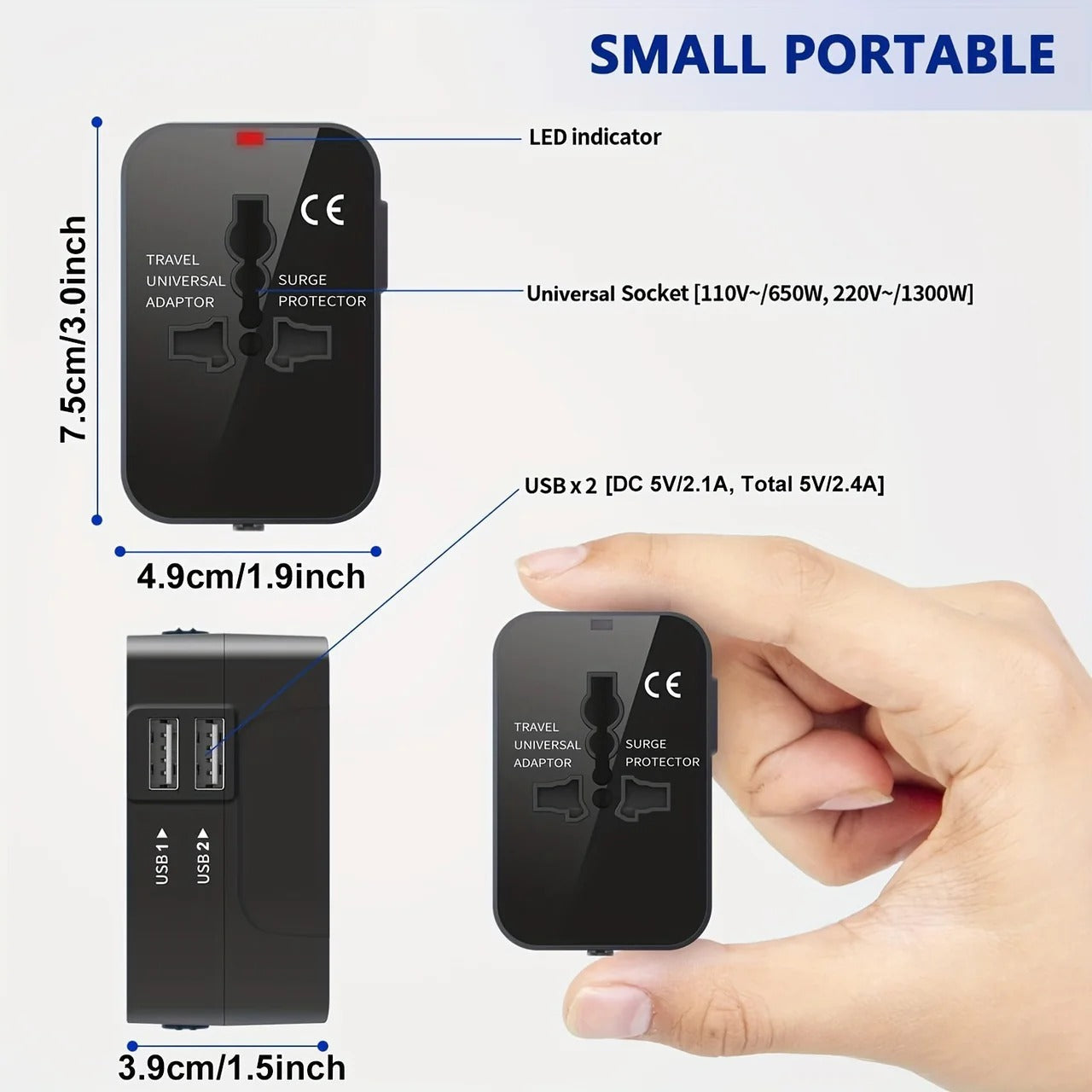 Universal Travel Adapter with Dual USB Ports and Auto Voltage Switching for 150+ Countries