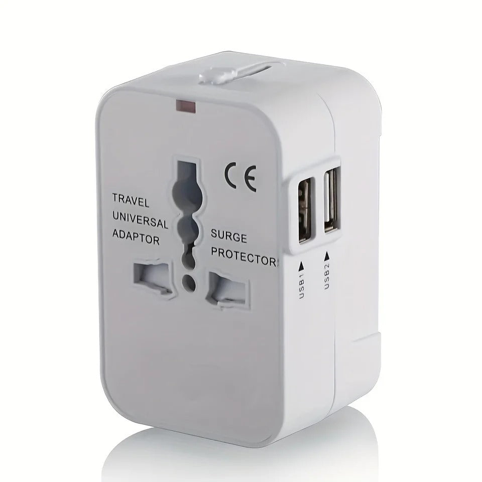 Universal Travel Adapter with Dual USB Ports and Auto Voltage Switching for 150+ Countries