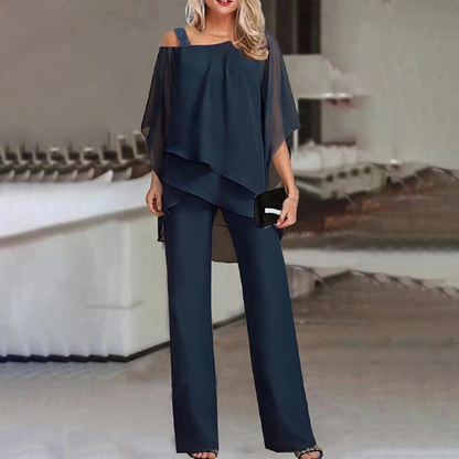 Women's Cold Shoulder Two-Piece Suit with Long Trousers and Stretch Fabric
