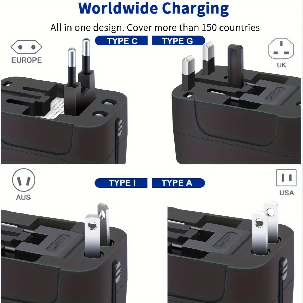 Universal Travel Adapter with Dual USB Ports and Auto Voltage Switching for 150+ Countries