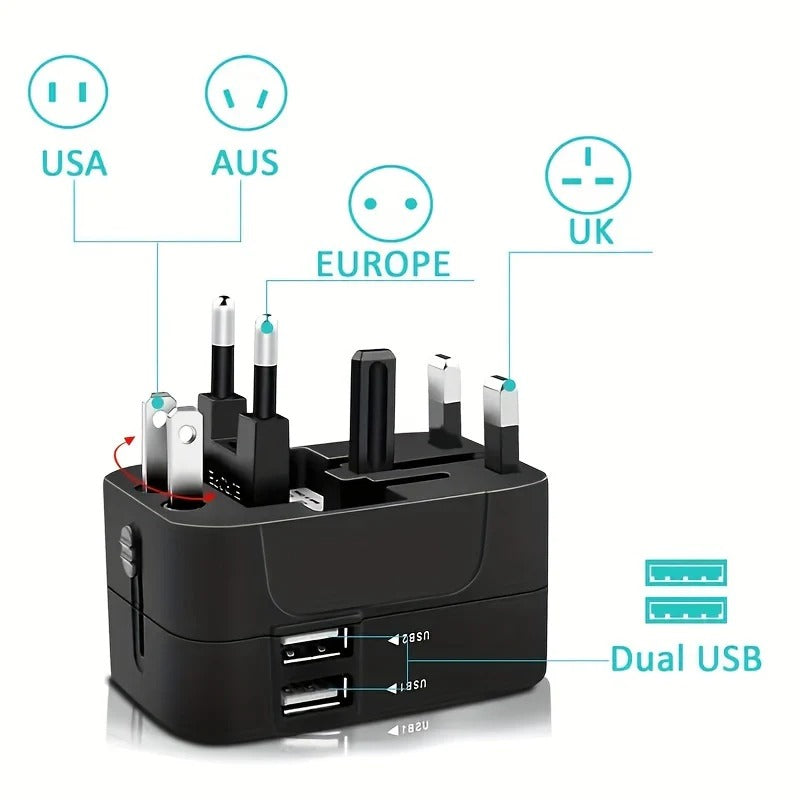 Universal Travel Adapter with Dual USB Ports and Auto Voltage Switching for 150+ Countries