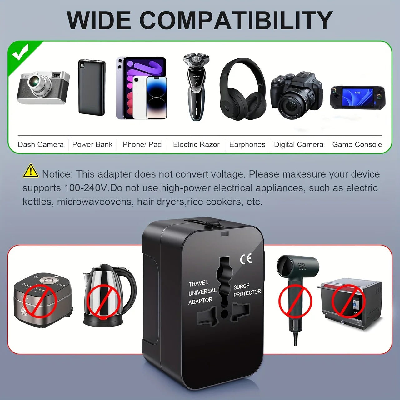 Universal Travel Adapter with Dual USB Ports and Auto Voltage Switching for 150+ Countries
