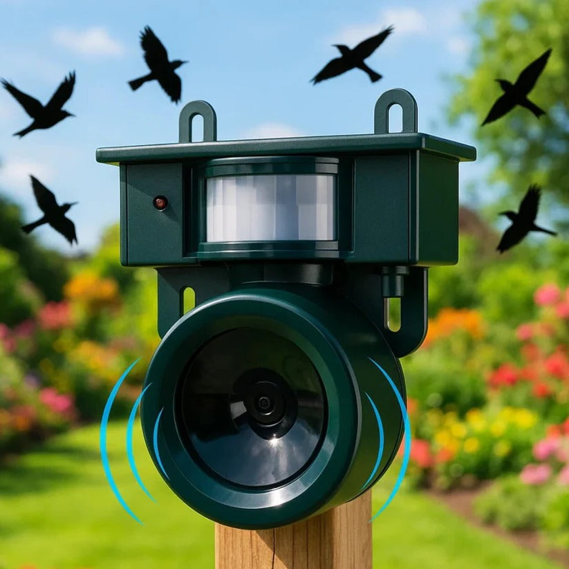 Solar Powered Bird Repeller with Motion Sensor and Predator Sound, Adjustable Frequency