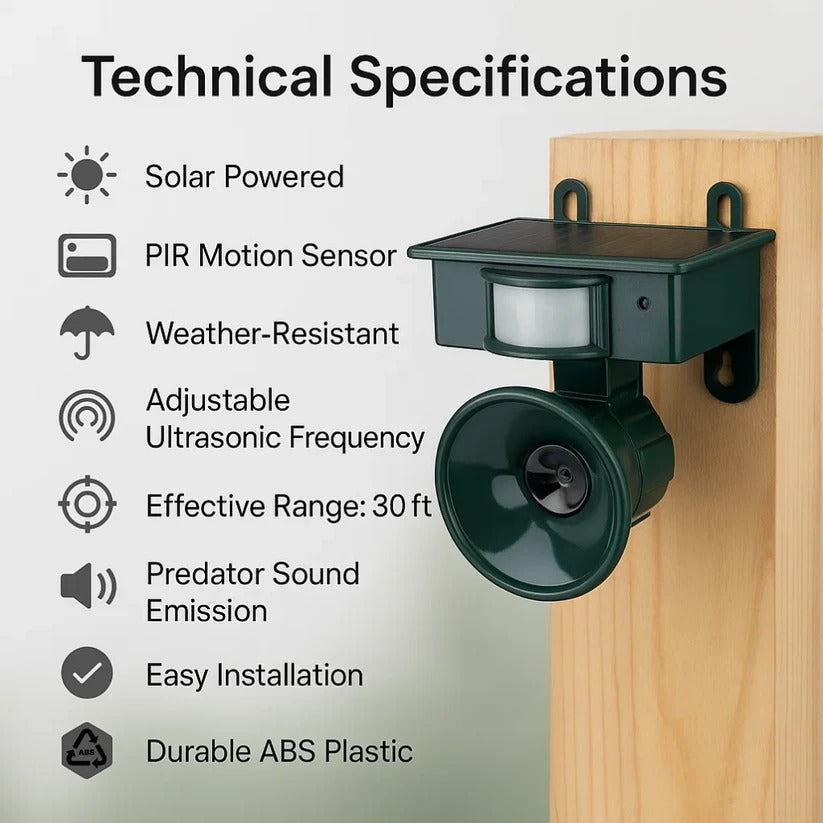 Solar Powered Bird Repeller with Motion Sensor and Predator Sound, Adjustable Frequency