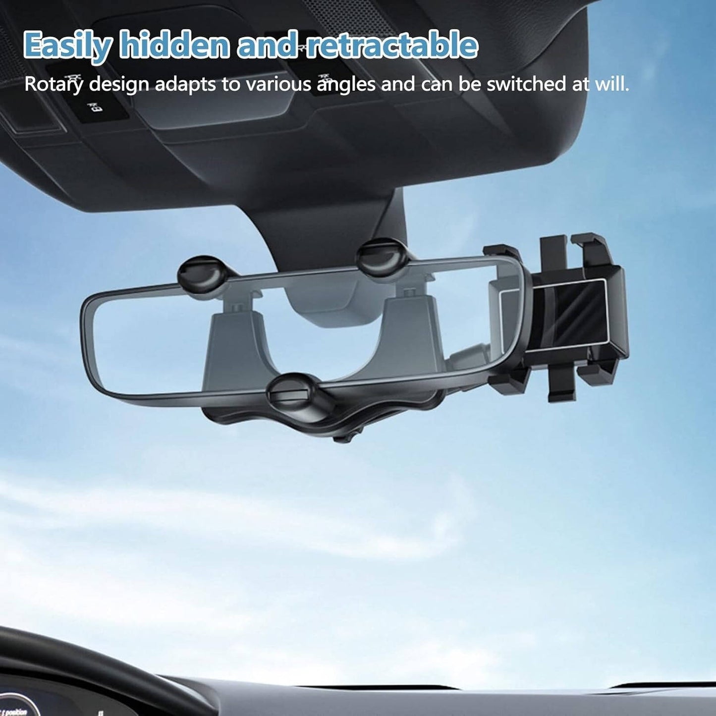 Rearview Mirror Phone Holder with 360 Rotation and Foldable Four-Claw Grip