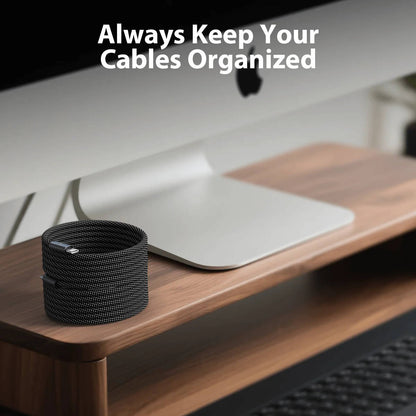 Self Coiling Magnetic Charging Cable with Braided Fabric and Dual Port Tips