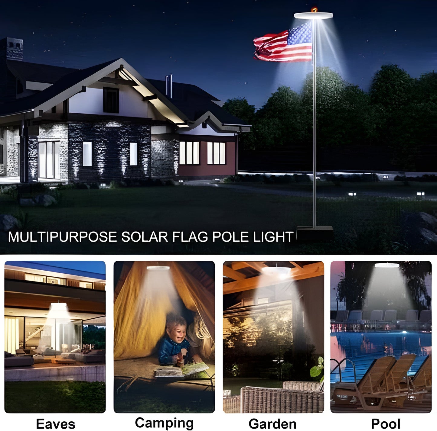 Solar Flagpole Light with Automatic Dusk Sensor and 700 Lumen LED, Waterproof