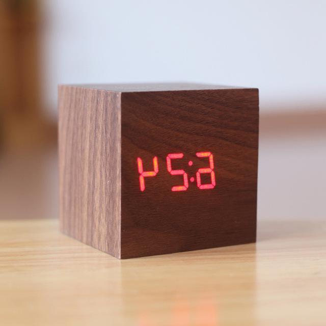 Wood Digital Clock with Tap Activation and Glowing Display